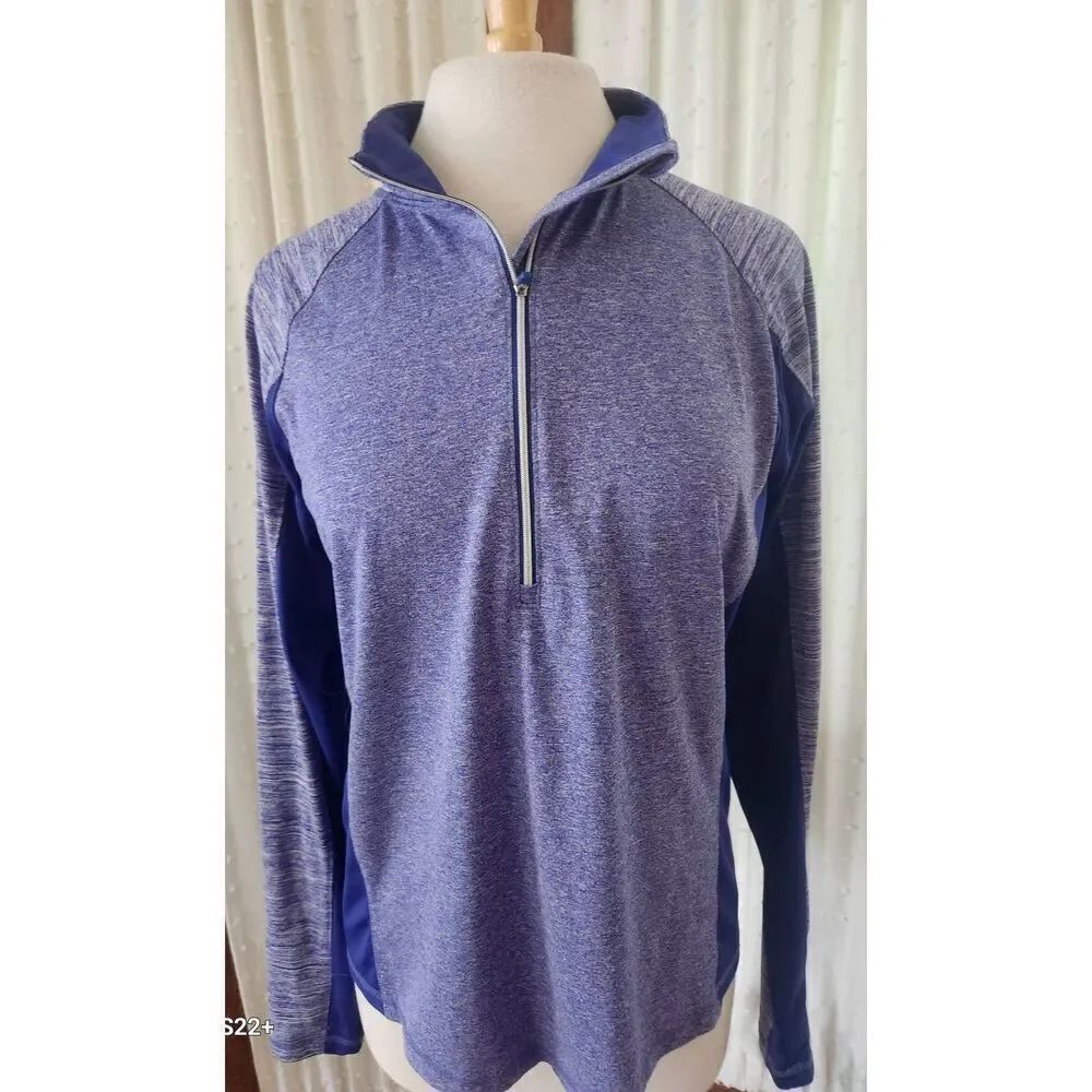 A6 Danskin Now blue heathered, semi-fitted, half zip top